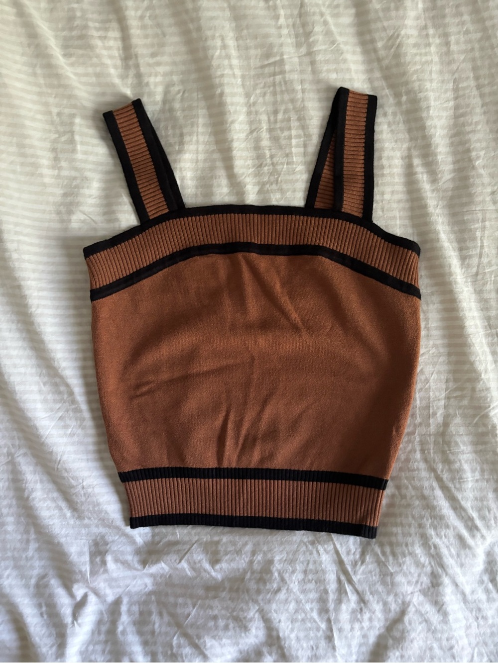 Brown Knit Tank Top with Black Trim
